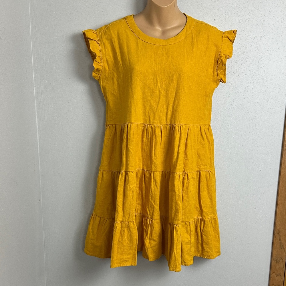 Adyson Parker Linen Blend Ruffle-Sleeve Dress in Mustard